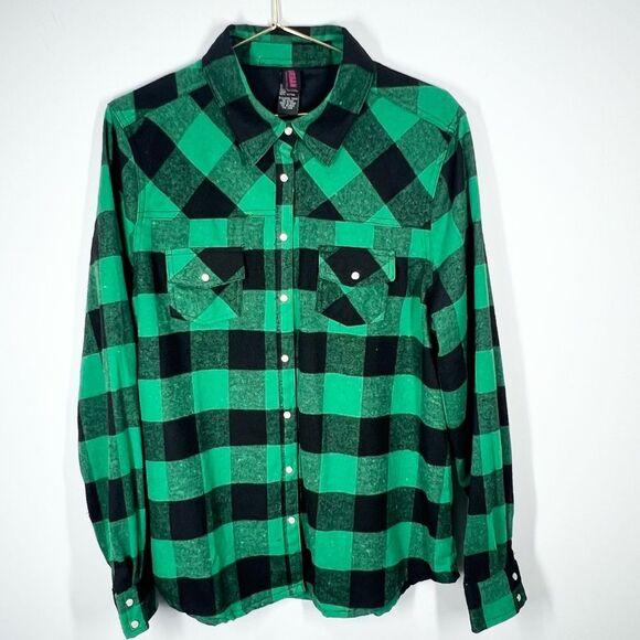 Urban Groove Green Black Plaid Pearl Snap Grunge Y2K Button Down Flannel Shirt L - Picture 1 of 10